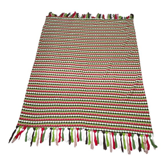 Handmade Crochet Christmas Throw Blanket Lined Fringe Red Green & White Stripes - Picture 2 of 4